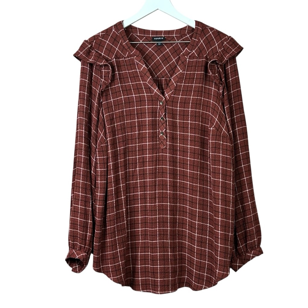 Torrid Brick Red Windowpane Plaid Henley Top Women Sz 2 18 20